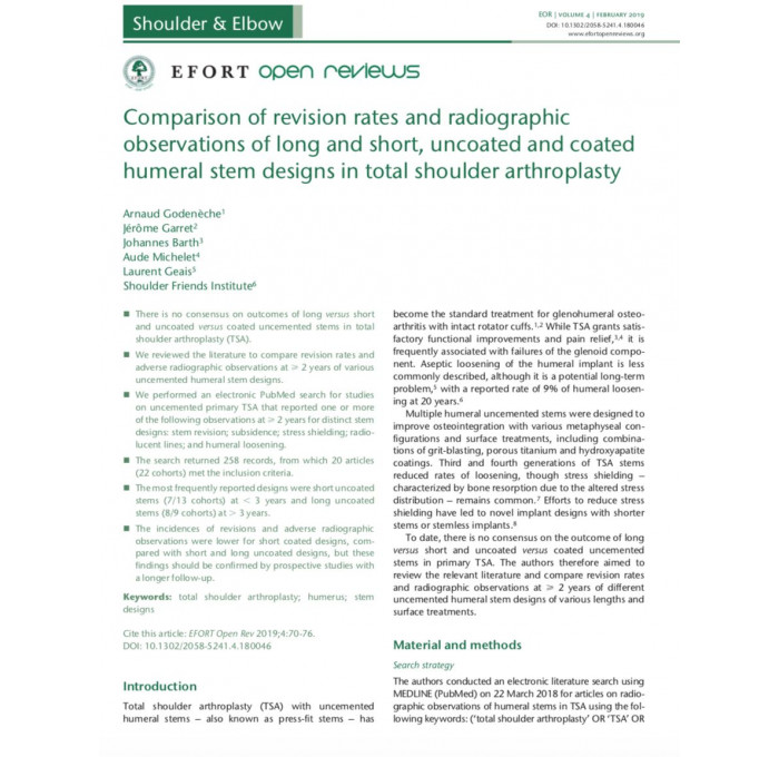 Article d'Arnaud Godenèche publié dans la revue de l'EFORT: Comparison of revision rates and radiographic observations of long and short, uncoated and coated humeral stem designs in total shoulder arthroplasty